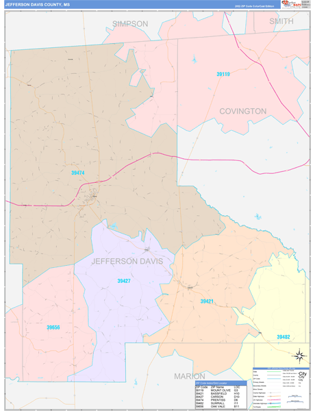 Jefferson Davis County, MS Wall Map